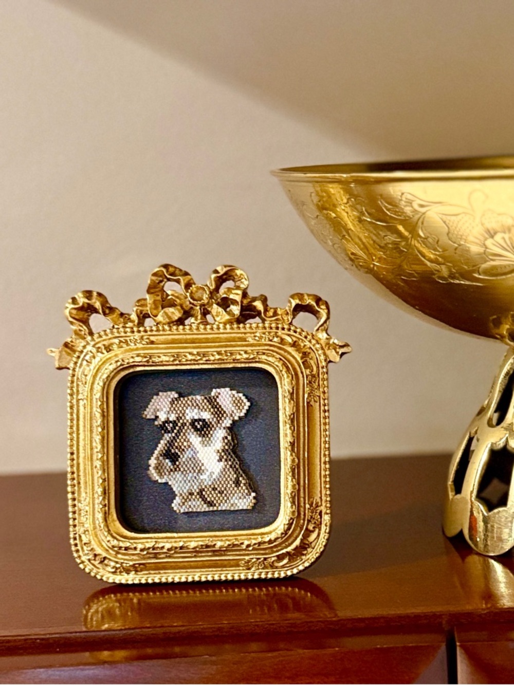 Framed Schnauzer Beaded Art – Ornate Gold Mini Dog Portrait - Picture 8 of 9